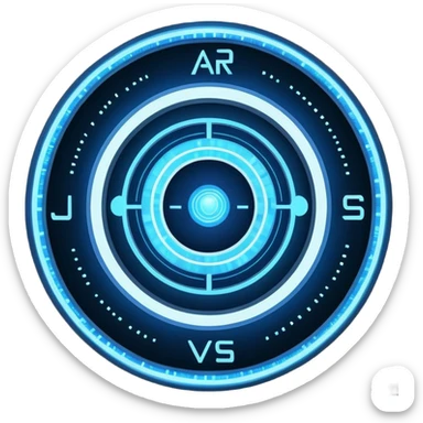 A circular blue holographic interface made of concentric rings, glowing tick marks, and data arcs, with the text “J.A.R.V.I.S.” centered, resembling a futuristic digital HUD floating in space. sticker