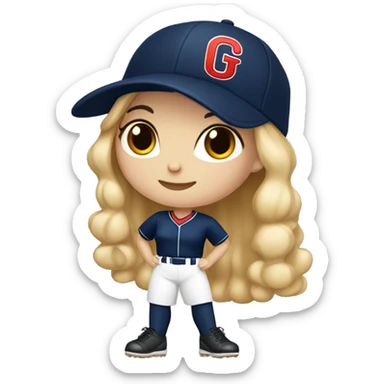 White girl with Black long hair, who wearing navy ballcap emblazoned with a red G initial and wearing baseball uniform sticker