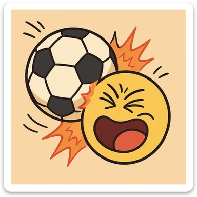 a soccer ball and a smiley face at the moment of impact, fun, animated, lively expression, playful, vibrant colors, bold outlines, energetic sticker