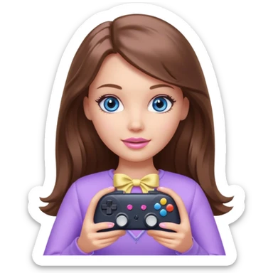 beautiful barbie girl with long brown hair, blue eyes and wearing light purple clothes playing console games with controller sticker