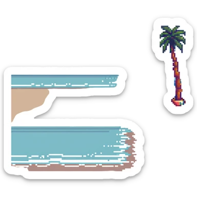 beach with palm tree and waves in pixel art style sticker