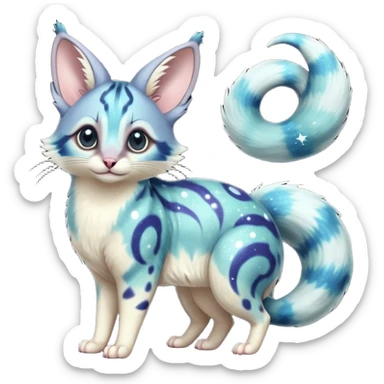 Hyper realistic  galaxy-swirl indigo-teal fur scattered with star-salt sparkle grains beautiful elegant pretty precious cute  Fakémon-Pokémon-opossum-feline-serval-caracal-chinchilla-Furret-Minccino-hybrid-creature with a big fluffy bushy tail (full body) sticker