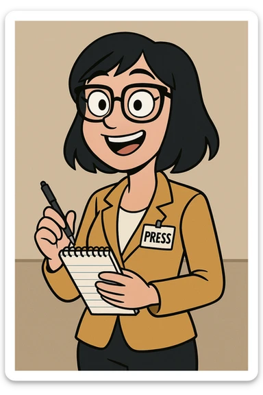 cheerful female reporter with black hair, blue eyes, and glasses, holding a notebook and pen, prepared to interview someone, modern cartoon style sticker