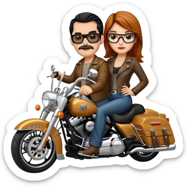Un couple de biker sur une harley road king noire, l'homme sans moustache et une paire de lunettes demetz ros21, la fille a des cheveux plus dans les tons chatain sticker