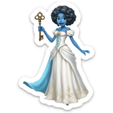 elf blue witch woman login holding a big key in white victorian dress, full body sticker