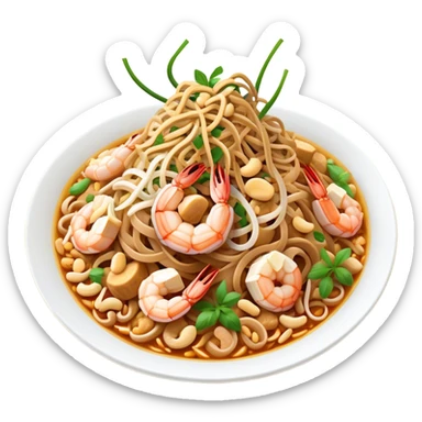 Cinematic Realistic Pad Thai Dish Emoji, depicted as stir-fried rice noodles with shrimp, tofu, peanuts, and bean sprouts rendered with vibrant textures and dynamic, appetizing lighting. sticker