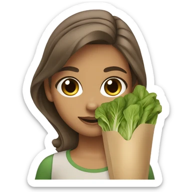 girl with brown hair light tan skin and brown and green eyes eating tender greens sticker