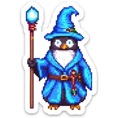 pixel art penguin wizard holding a wand, with a blue robe and hat sticker