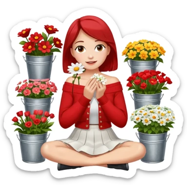 a woman sitting on a tiled surface surrounded by various bouquets of flowers in metal buckets and glass vases. She is holding a single white flower up to her face, covering it playfully. She wears a red off-shoulder cardigan and a white skirt. sticker