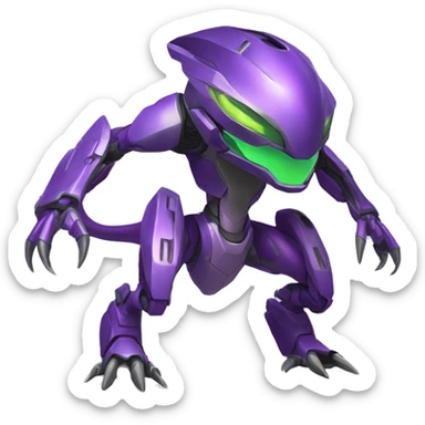 a purple-green Genesect-Raptor-Fakémon—hybrid with a futuristic visor-helmet full body sticker