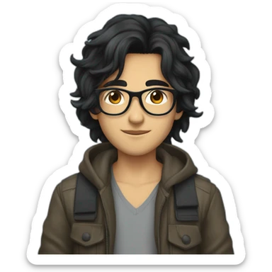 young muselim with semi long black hair blue glasses and black eyes in plane sticker