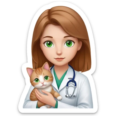 doctor girl with light brown hair green eyes holds a cute kitty sticker