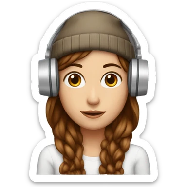 skinny lady, long brown hair with beanie and big headphones holding a box sticker