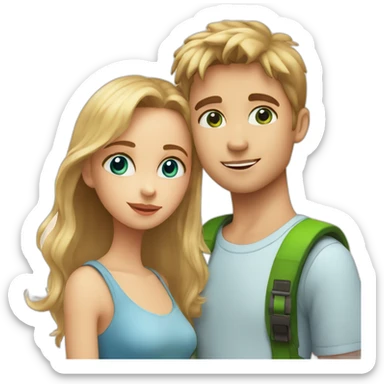 Girl with blue eyes and blonde hair kiss the check of boy with brown hair and green eyes sticker