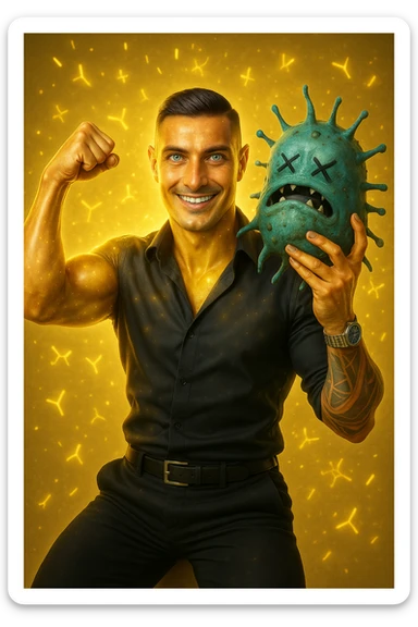 Un uomo atletico (30-40 anni) dalla pelle perfettamente liscia, senza cicatrici o imperfezioni, che emana un leggero bagliore dorato (metafora degli anticorpi).
Occhi brillanti con riflessi blu-verdi (simbolo di salute estrema).
Postura eroica, con un braccio sollevato in un gesto di forza, mentre con l'altro tiene un batterio gigante schiacciato come se fosse un mostro sconfitto. sticker