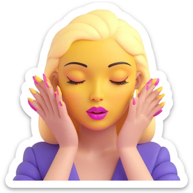 yellow face nodding, closed eyes with dramatic lashes, full lips, hands with long pink nails sticker