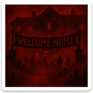 Change the color scheme to red and black with intense red fog and mist, creating an overall red horror palette. Keep all other details unchanged. sticker