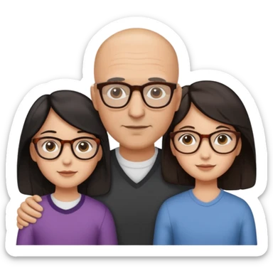 Papà calvo, mamma capelli neri occhi marroni, figlia capelli marroni mossi e occhiali tartarugati con montatura spessa occhi marroni, figlia capelli lisci marroni occhiali neri con montatura grande e fina occhi marroni  sticker