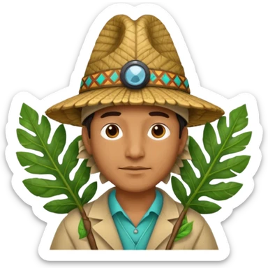 an scientist man wearing a large leaf tribal hat sticker