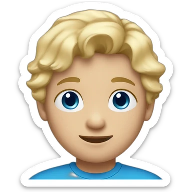 A child with blond hair, blue eyes and a blue t-shirt sticker