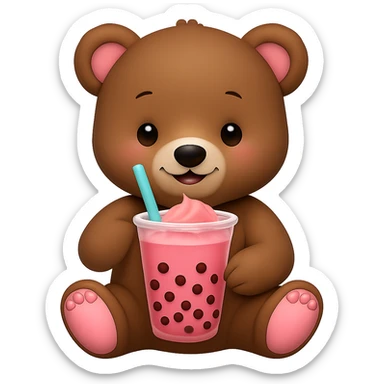 Change the boba tea to a strawberry flavor with pink color, keep the bear and style the same, no background. sticker