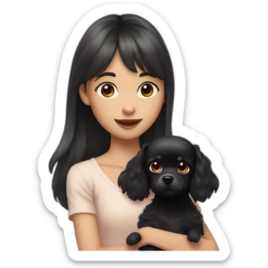 young girl with long wavy hair, short bangs, pale skin holding her little black chichuachua dog with big ears sticker