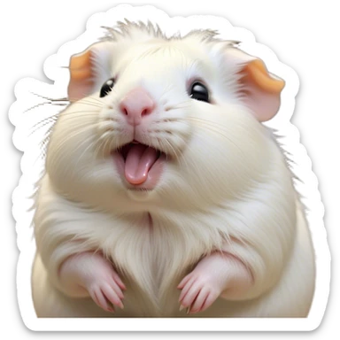 Cinematic Cute Yawning White Guinea Pig Portrait Emoji, Head tilted slightly with a dramatic, wide-open yawn, revealing a soft, downy white fur with tiny drooping ears, round dark eyes barely open in drowsy contentment, Simplified yet irresistibly adorable features, highly detailed, glowing with a soft, cozy glow, high shine, relaxed yet expressive, stylized with a touch of whimsy, bright and endearing, soft glowing outline, capturing the essence of a sleepy yet affectionate guinea pig, so drowsy it feels like it could stretch right out of the screen and curl up for a nap! sticker