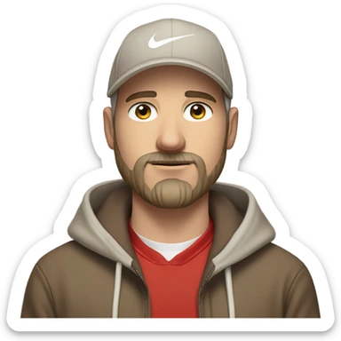 Visibly bored handsome white guy with a salt and pepper beard and brown longer hair wearing a red Nike hoodie  and a light brown hat sticker