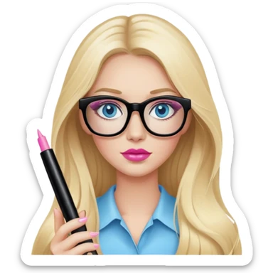 Blonde woman with long hair, blue eyes and pink lips wearing black glasses and 
 holding mascara in her hands sticker
