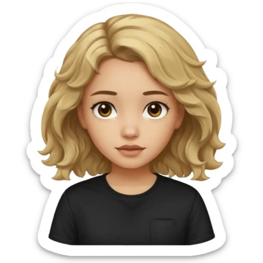Light skinned girl with dirty blonde wavy hair and deep brown eyes and a black square shirt sticker