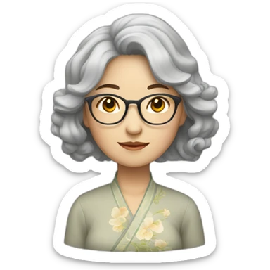Chinese lady with lightly grey wavy hair to shoulder length wearing glasses wear Chinese dress sticker