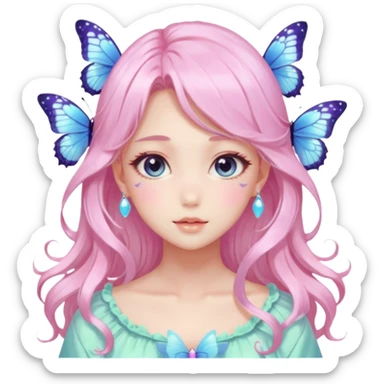gorgeous shiny blushing anime pastel lady with butterflies and beautiful hair fairycore high quality detailed vogue trending aesthetic sticker