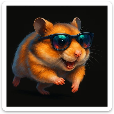 a unique, colorful, modern, highly realistic hamster wearing cool glasses, running energetically, illustrated in Procreate on an iPad, solid black background, not kiddish sticker
