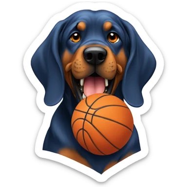 A blue and orange bloodhound biting a basketball. sticker