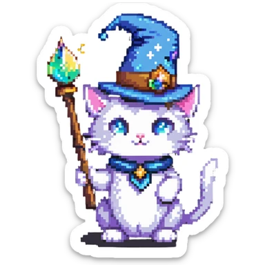 wizard cat with a pointy hat and magic wand sticker