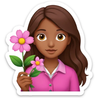 brown long haired girl in pink with a flower sticker