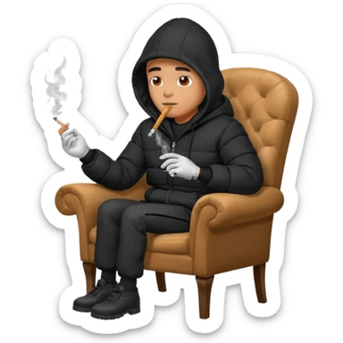 A man sitting on a chair, wearing a black puffed coat with hood, hands in his pocket, smoking a cigaret, he is on a chair i sticker