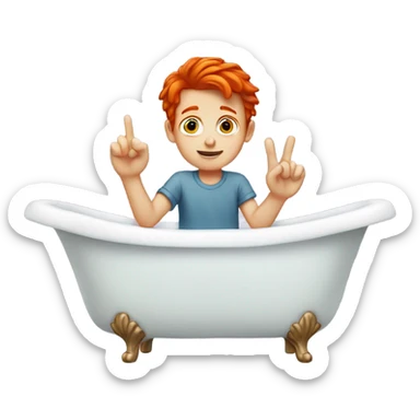 Red headed boy holding finger up sitting in a bathtub sticker