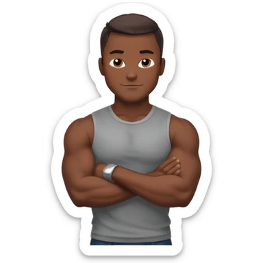 Adult male, dark skin, muscular build, confident smirk, arms crossed, sleek modern casual clothing, assertive pose, strong silhouette, bold shading. sticker