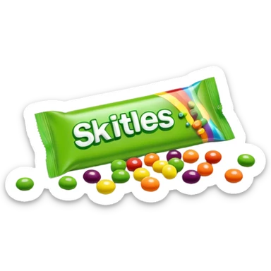 A colorful Skittles candy pack with green candies spilling out. Minimalist design with bright rainbow colors on the package and only green Skittles candies. sticker