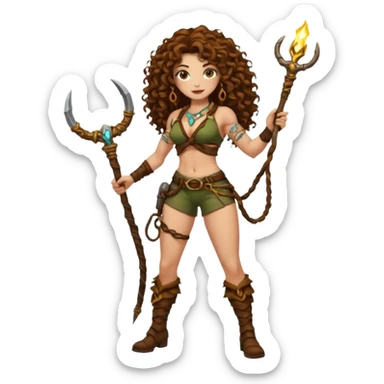 full body woman long curly brown hair brown eyes white skin tattoos muscular build jungle treasure hunter outfit, vine whip, glowing relic sticker