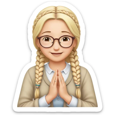 Blond middle aged woman with reading glasses and long braids has her hands like praying it’s smiling and thinking of hearts  sticker
