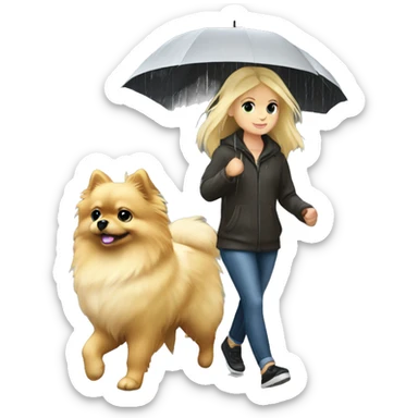 Blonde girl walking pomeranian under the rain sticker