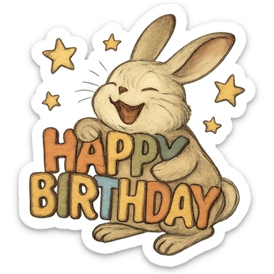 laughing bunny hugging "Happy Birthday" letters with stars, soft, whimsical, detailed, ghibli style sticker