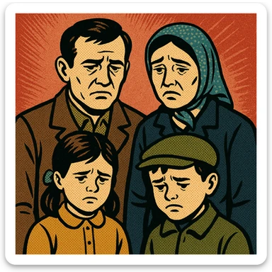 A poor soviet family from the 1970s with a husband and wife and two children looking unhappy.  sticker