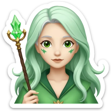 Woman with green skin color with white color long hair and carrying a magic wand sticker