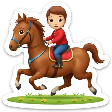l little chinese baby riding on a  cute horse running really fast on the grass with 2026 year's label sticker