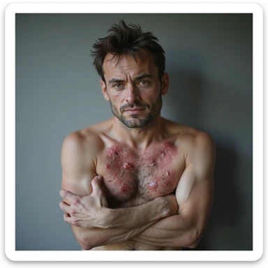 realistic adult man with simple clothing, tired expression, body symbolically showing autoimmune diseases: red and swollen areas on skin and joints, realistic details, vulnerable atmosphere, neutral background, 4K quality sticker