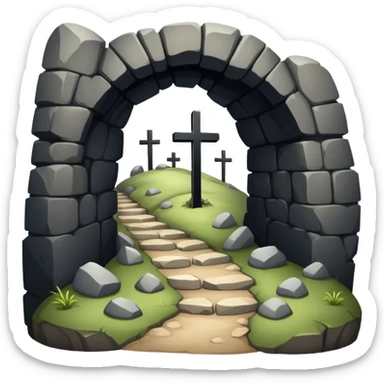empty cave with stone rolled back and three crosses on Calvary Hill sticker