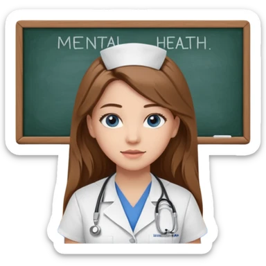 university classroom that says Mental Health Nursing on the blackboard with a pretty female nursing student with long brown hair, blue eyes sticker